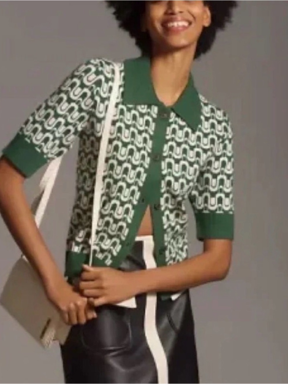 Maeve Green and White Kinsley Button-Down Knit Top